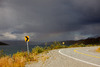 curved road with lake in background